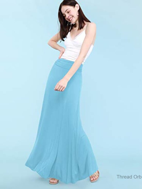 Lightweight Maxi Skirt with Foldover Waistband, Rayon Spandex Fabric - Picture 5 of 6